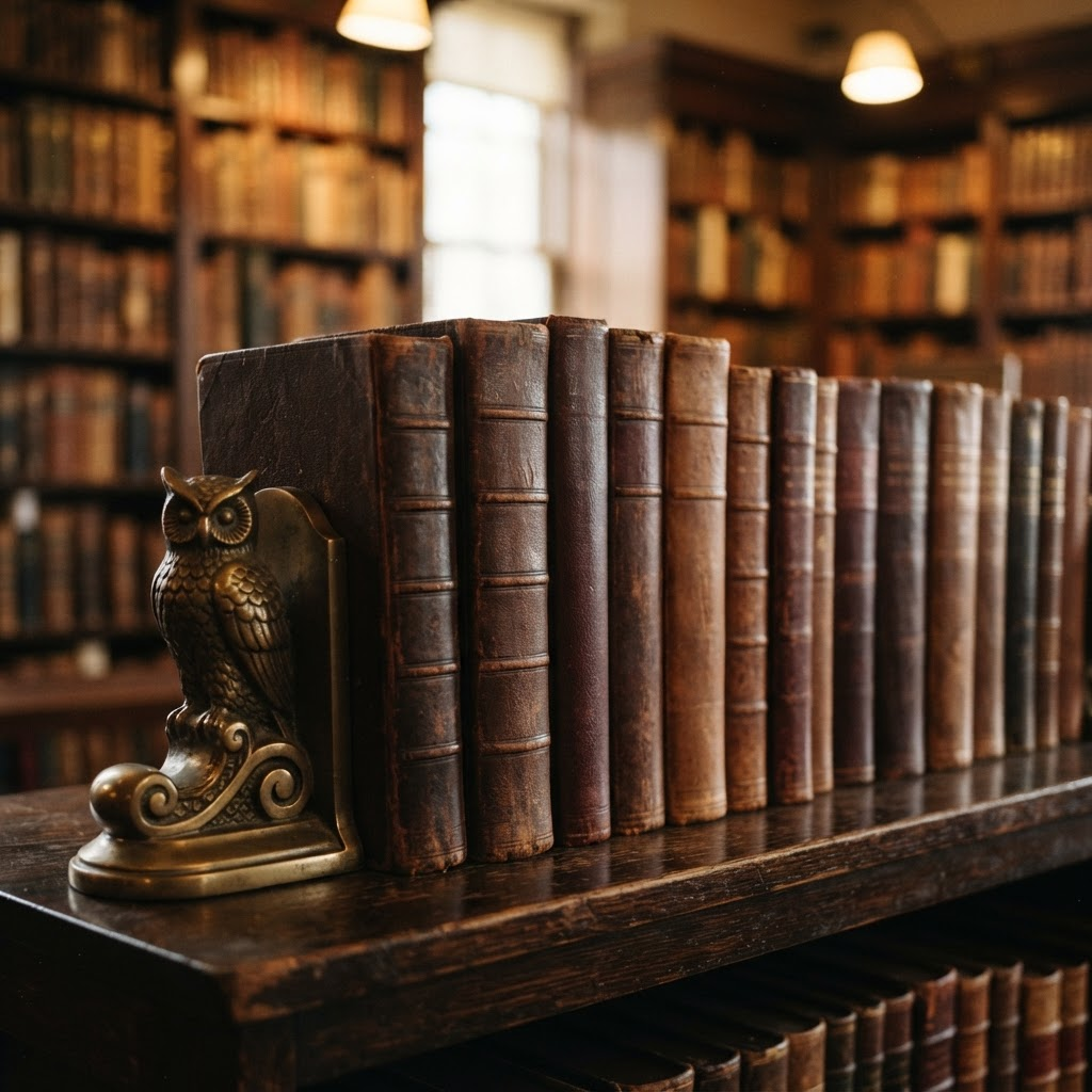 A close-up of leather-bound legal reference books on a wooden shelf